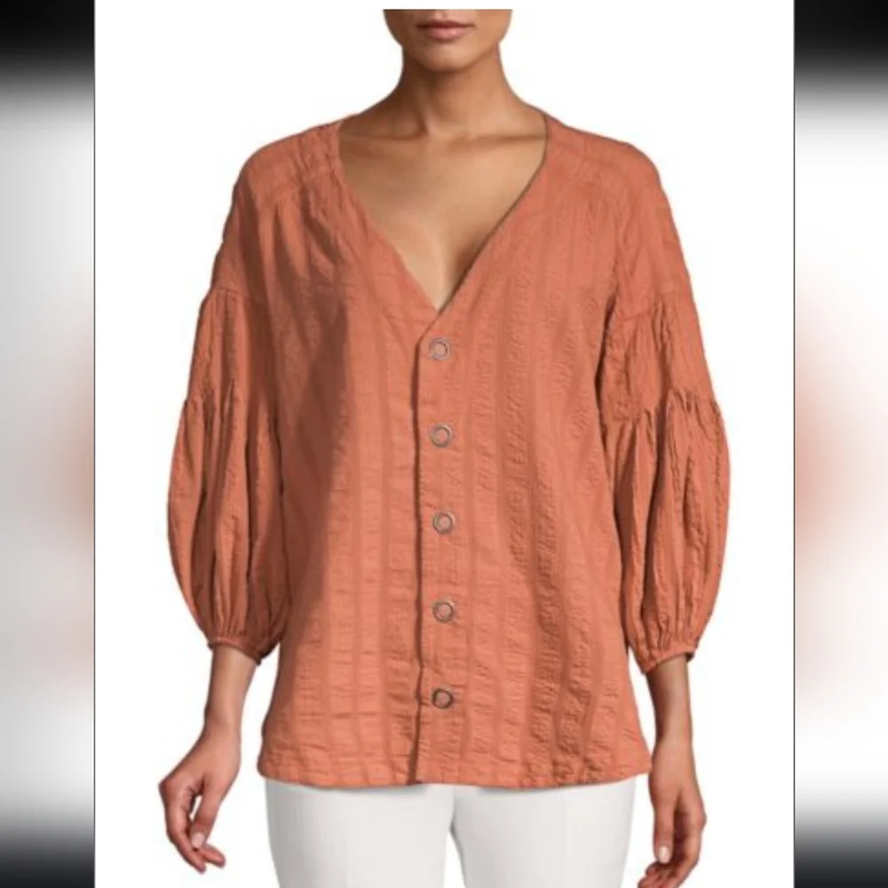 Free People Brown Buttoned Ruched Blouse